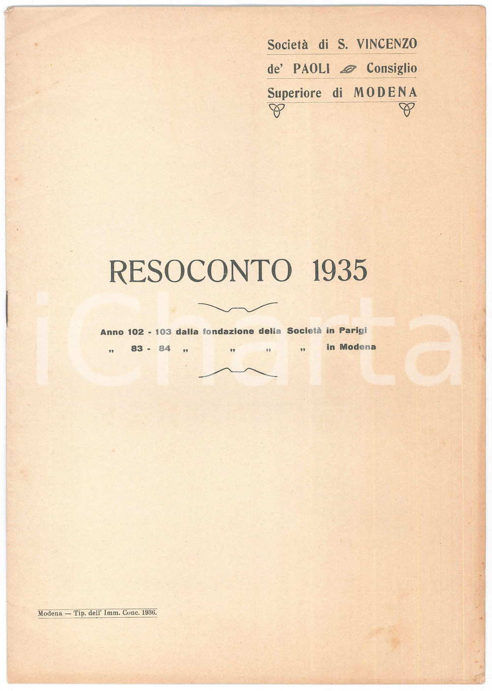 Documento originale, autentico 1936 MODENA SocietÃ  S. VINCENZO DE  PAOLI Consiglio Superiore  Resoconto 1935 1