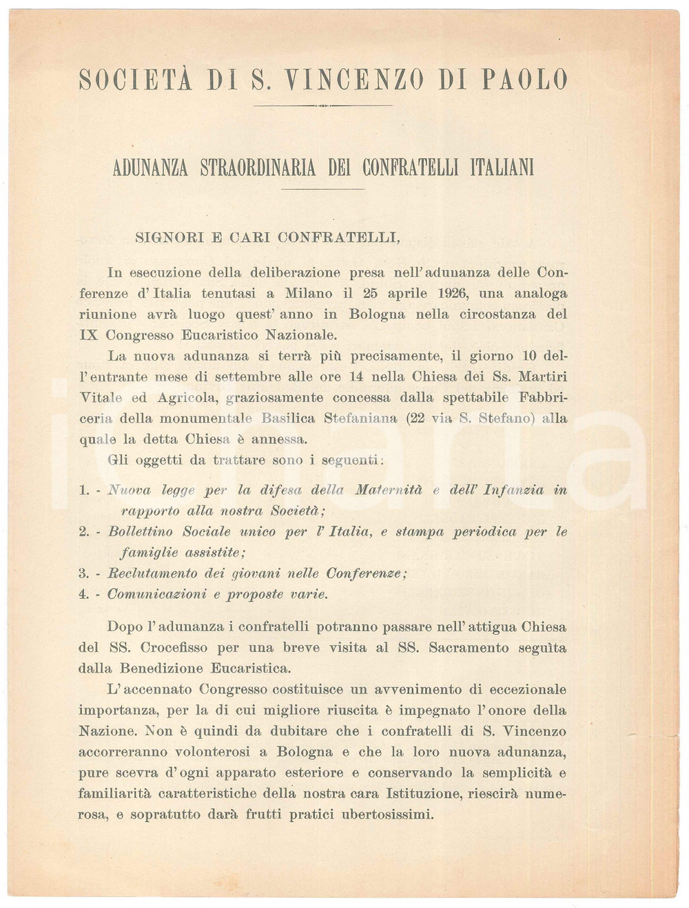 Documento originale, autentico 1927 SocietÃ  S. VINCENZO DE  PAOLI Adunanza straordinaria confratelli italiani 1