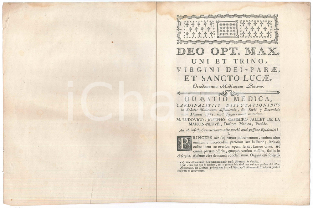 Documento originale, autentico 1771 MEDICINA ANGERS  Tesi JALLET DE LA MAISONNEUVE su cimiteri e malattie 1