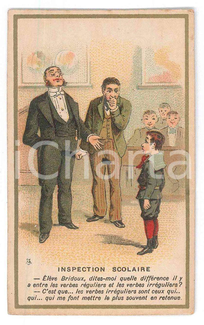 Materiale pubblicitario d’epoca 1900 ca FRANCE Inspection scolaire  Chromo Carte publicitaire 1
