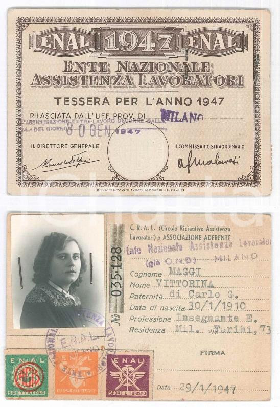 Oggetto da collezione cartaceo 1947 MILANO  ENAL Ente Assistenza Lavoratori  Tessera 11x8 cm 1