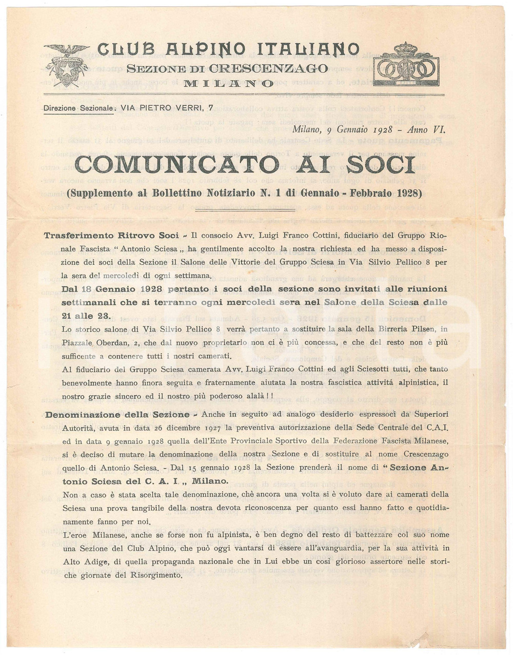Documento originale, autentico 1928 CAI MILANO CRESCENZAGO Nuovo ritrovo al Gruppo Rionale ANTONIO SCIESA 1