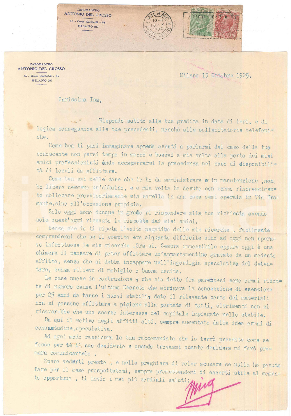 Manoscritto, lettera originale 1925 MILANO Capomastro Antonio DEL GROSSO  Affitti alti e speculazione in cittÃ  1