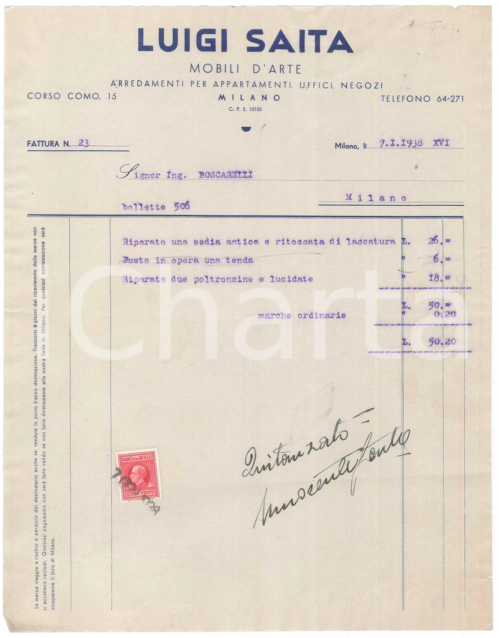 Documento originale, autentico 1938 MILANO Corso Como 15  Luigi SAITA Mobili d arte  Fattura 1