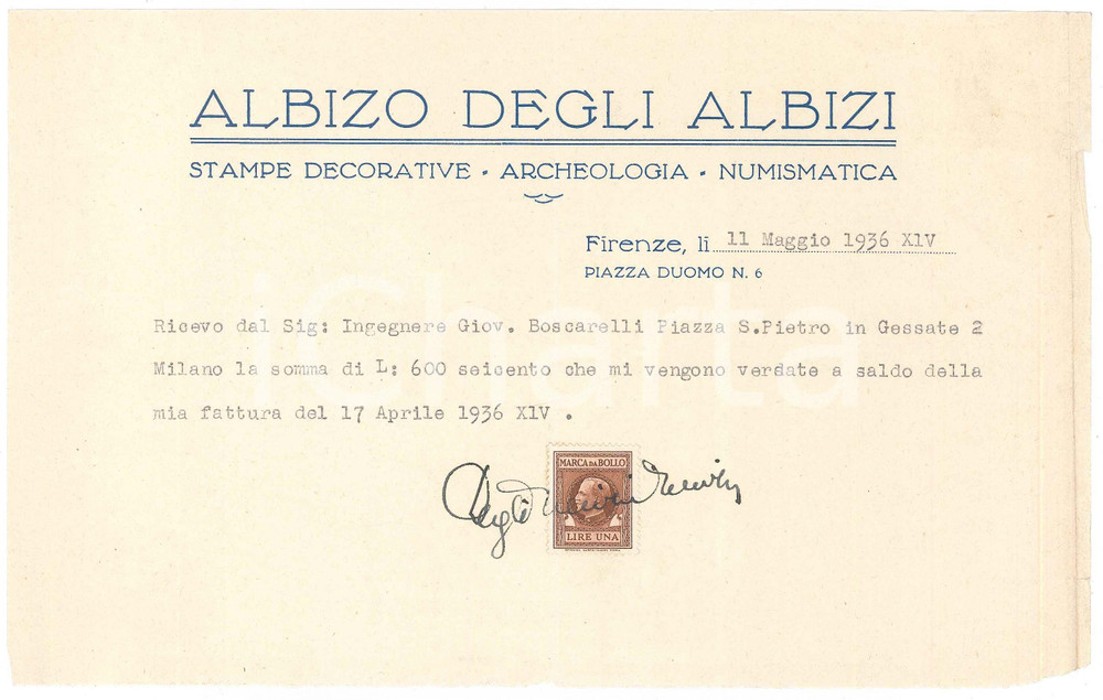 Documento originale, autentico 1936 FIRENZE Piazza Duomo 6  Albizo DEGLI ALBIZI Stampe decorative  Ricevuta 1
