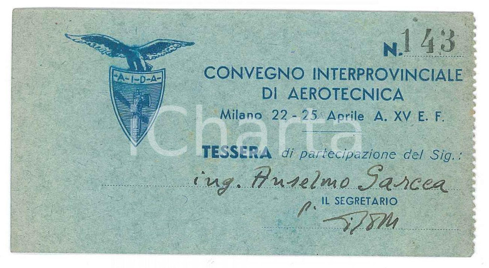 Oggetto da collezione cartaceo 1937 MILANO Convegno Interprovinciale AEROTECNICA  Tessera ing. Anselmo SARCEA 1