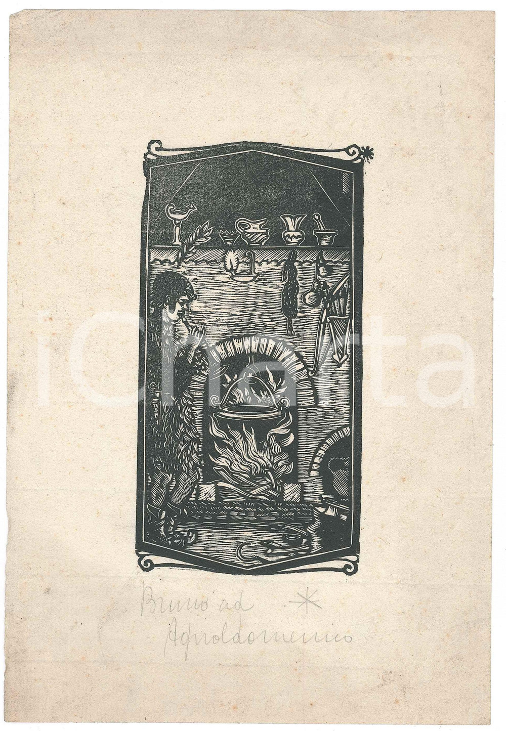 Stampa, bozzetto originale 1920 ca ARTE ITALIA Pastore suona davanti al caminetto Litografia 16x23 cm 1