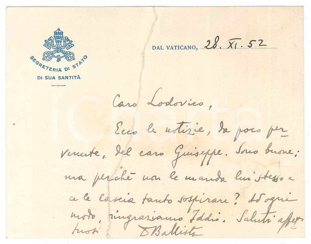 Autografo originale 1952 ROMA Biglietto mons. G. B. MONTINI futuro papa Paolo VI  AUTOGRAFO 1