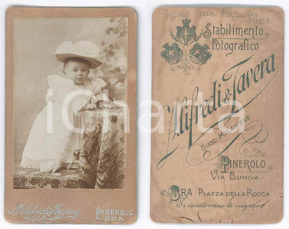 1901 PINEROLO Pina FERRARIS bambina con cappello *Foto ALIFREDI & TAVERA Fotografia d'epoca, montata su cartoncino rigido.Didascalia manoscritta al verso. GOOD/buono  Formato: 6x10 cm originale e autentica 1