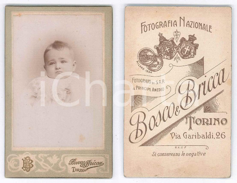 Fotografia d epoca originale 1895 ca TORINO Ritratto di bambino  Busto  Foto BOSCO & BRICCA CDV 1
