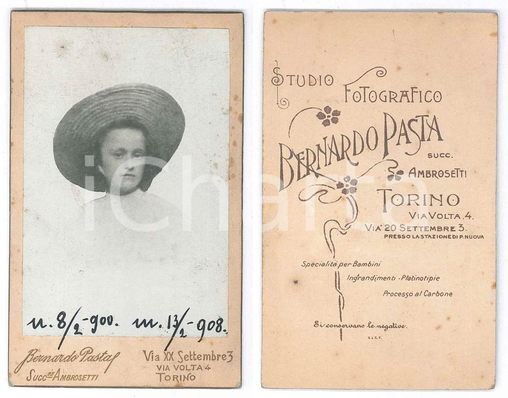 Fotografia d epoca originale 1907 ? TORINO Bambina con cappello di paglia Foto Bernardo PASTA CDV 1