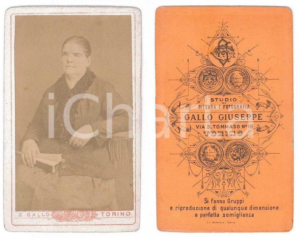 Fotografia d epoca originale 1890 ca TORINO Ritratto di donna con ventaglio  Foto Giuseppe GALLO CDV 1