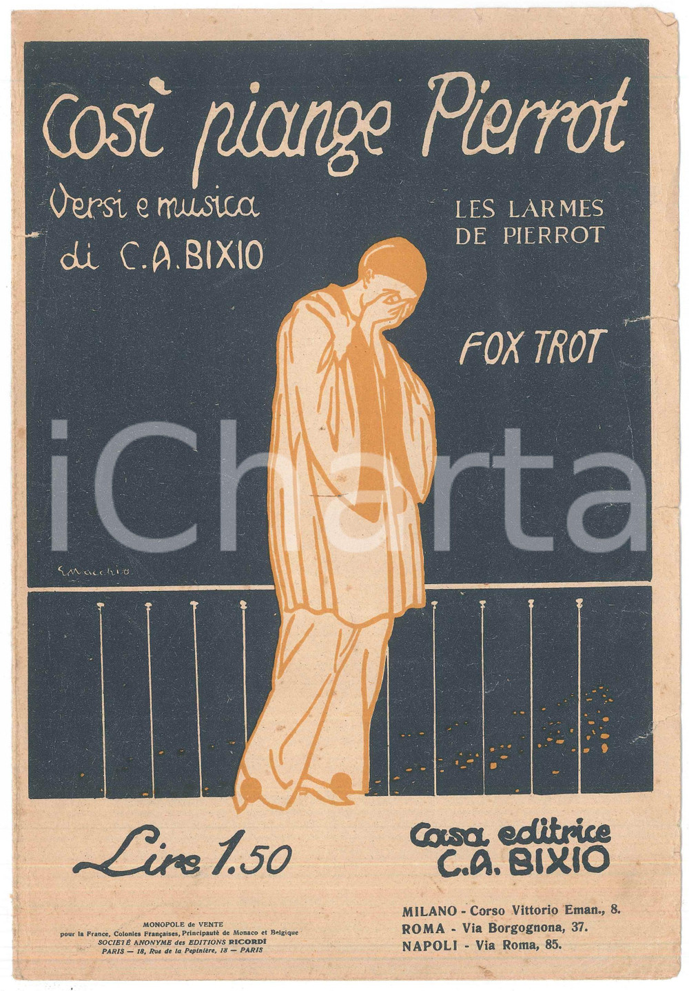 Oggetto da collezione cartaceo 1923  Cesare Andrea BIXIO CosÃ¬ piange Pierrot  Les lÃ rmes de Pierrot  Spartito 1