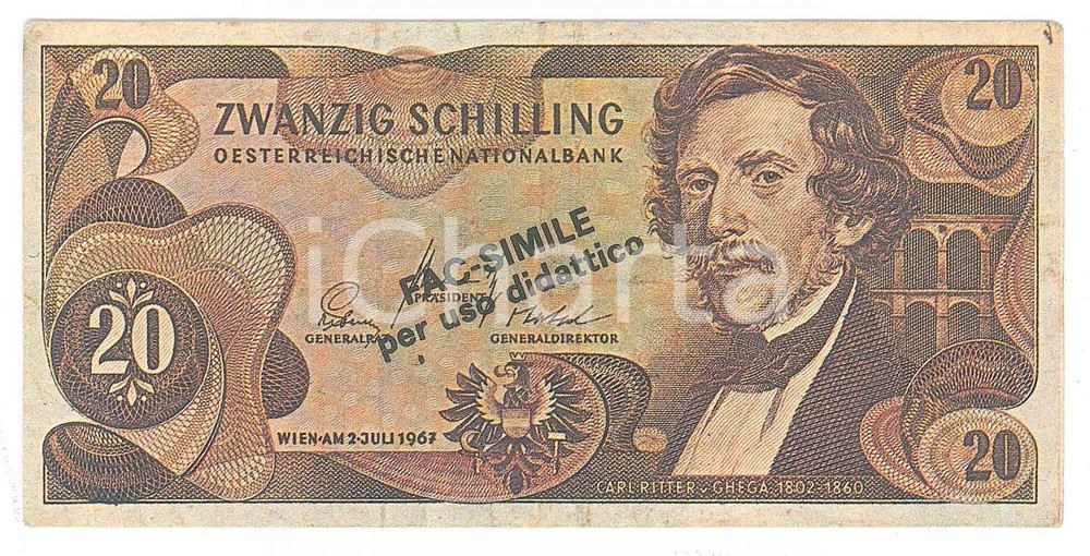 1980 ca AUSTRIA 20 scellini *Banconota FACSIMILE a uso didattico VICTOR PRODUCTS