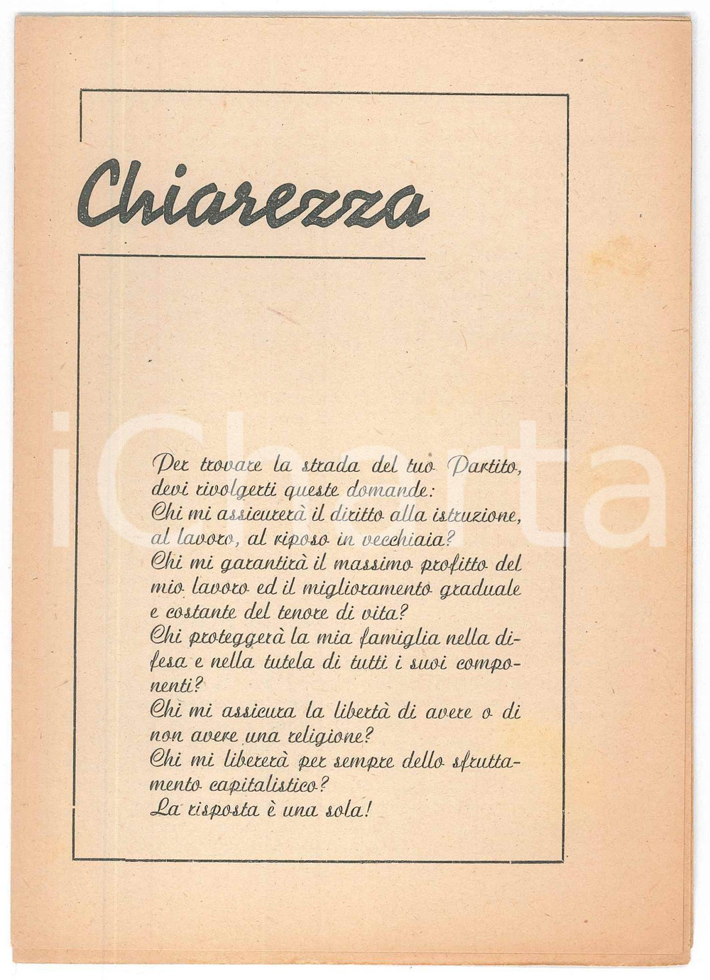 Materiale pubblicitario d’epoca 1950 ca PARTITO COMUNISTA ITALIANO Pieghevole contro il fascismo CHIAREZZA 1