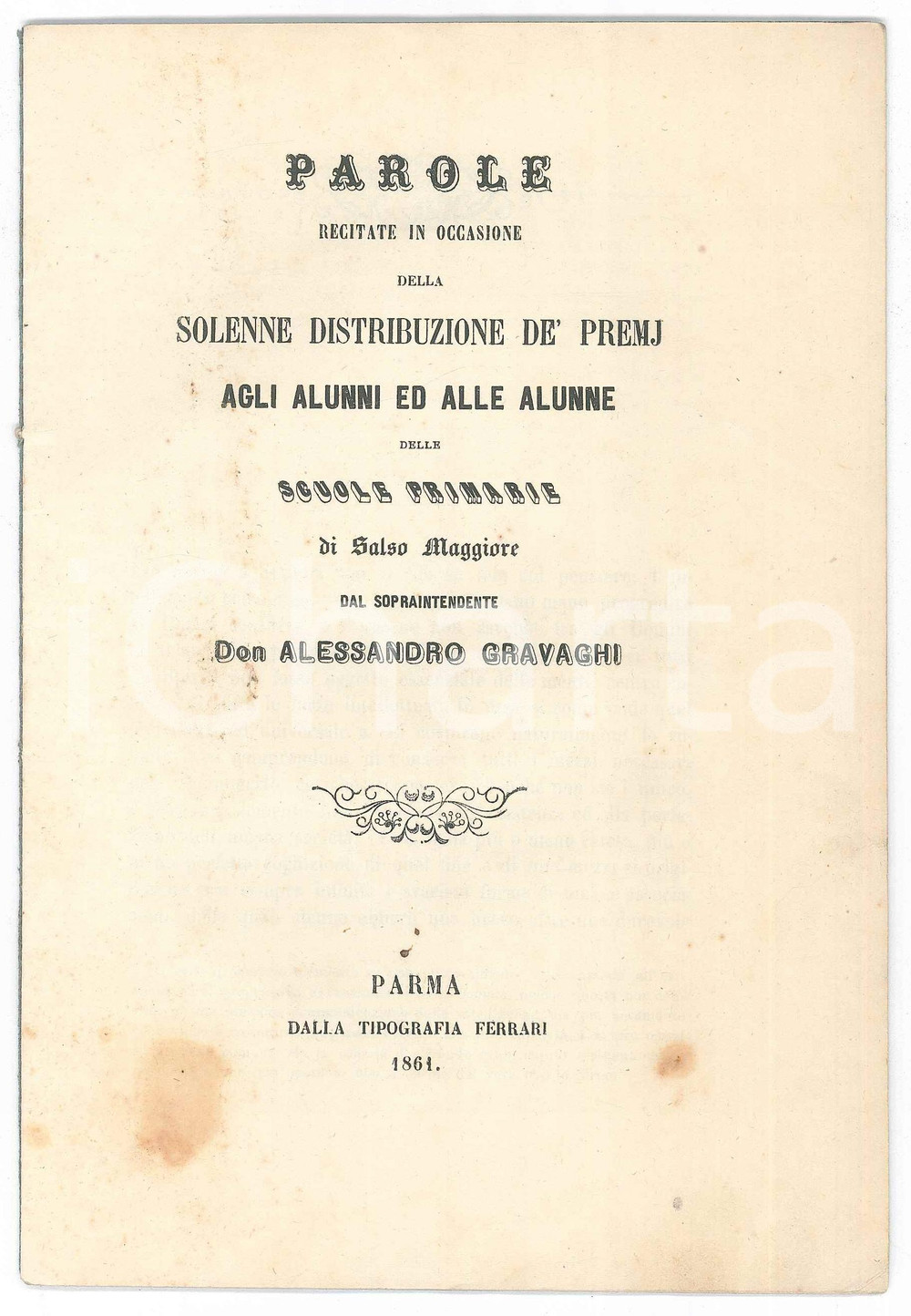 Libro, pubblicazione d epoca 1861 SALSOMAGGIORE Don Alessandro GRAVAGHI agli alunni delle Scuole Primarie 1
