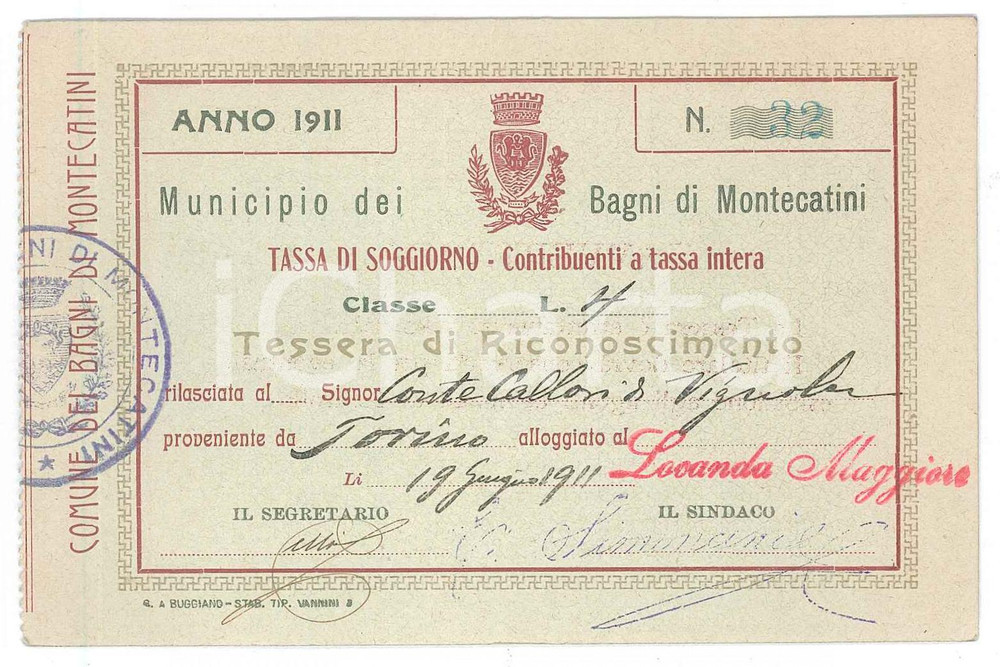 Oggetto da collezione cartaceo 1911 MONTECATINI TERME Tessera di riconoscimento per tassa di soggiorno 1