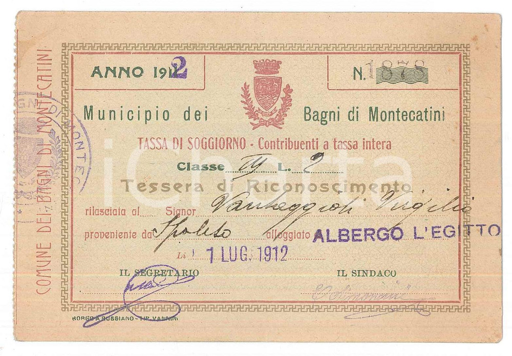 Oggetto da collezione cartaceo 1912 MONTECATINI TERME Tessera di riconoscimento per tassa di soggiorno 1