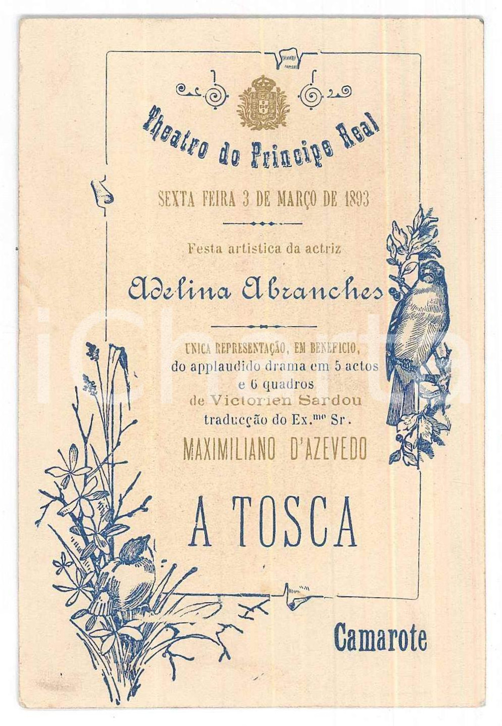Oggetto da collezione cartaceo 1893 LISBOA Theatro do Principe Real  Festa Adelina ABRANCHES Bilhete 1