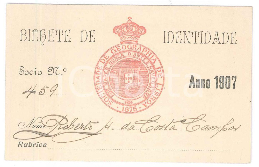 Oggetto da collezione cartaceo 1907 Sociedade de Geographia de LISBOA  Tessera socio 1