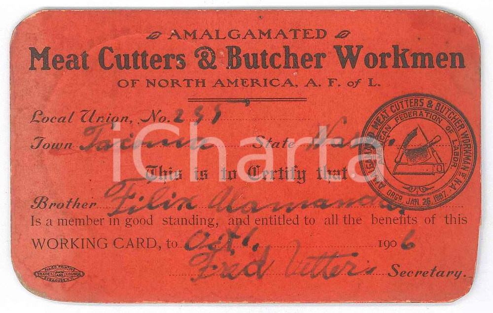 Oggetto da collezione cartaceo 1906 TACOMA WA  USA Meat Cutters & Butcher Workmen  Working card 1