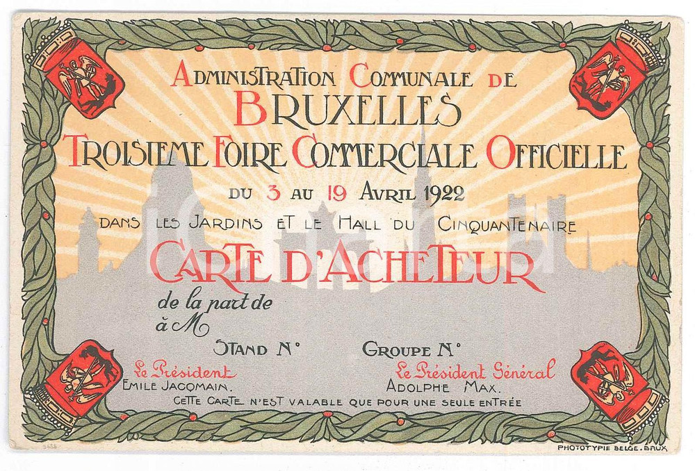 Oggetto da collezione cartaceo 1922 BRUXELLES TroisiÃ¨me Foire Commerciale Officielle  Carte d acheteur 1