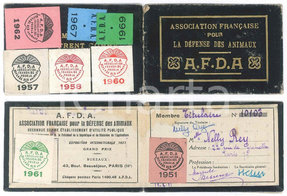 Oggetto da collezione cartaceo 1969 PARIS Association FranÃ§aise DÃ©fense Animaux  Tessera socio 1