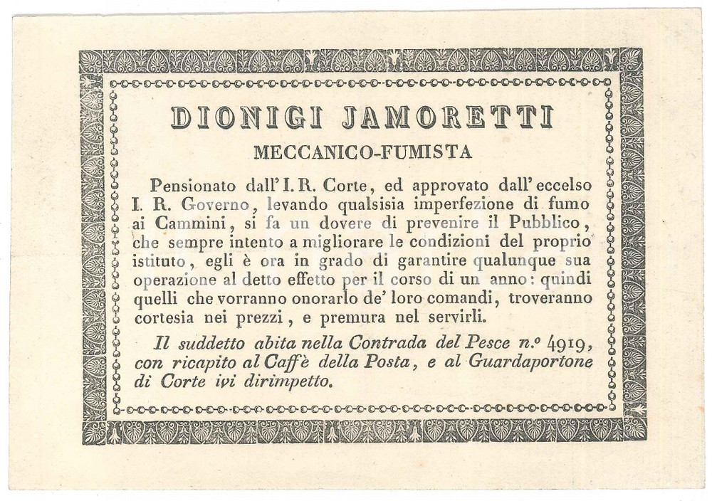 Documento originale, autentico 1850 ca MILANO Contrada del Pesce  Biglietto Dionigi JAMORETTI Meccanico 1