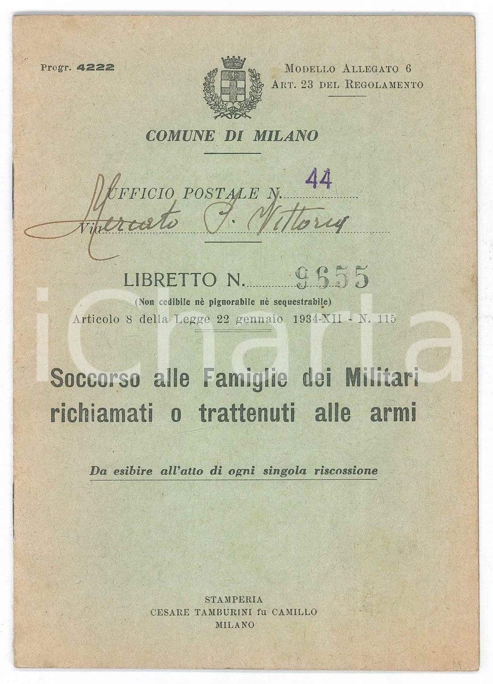 Documento originale, autentico 1939 MILANO Mercato di Porta Vittoria  Libretto sussidio a famiglie di soldati 1