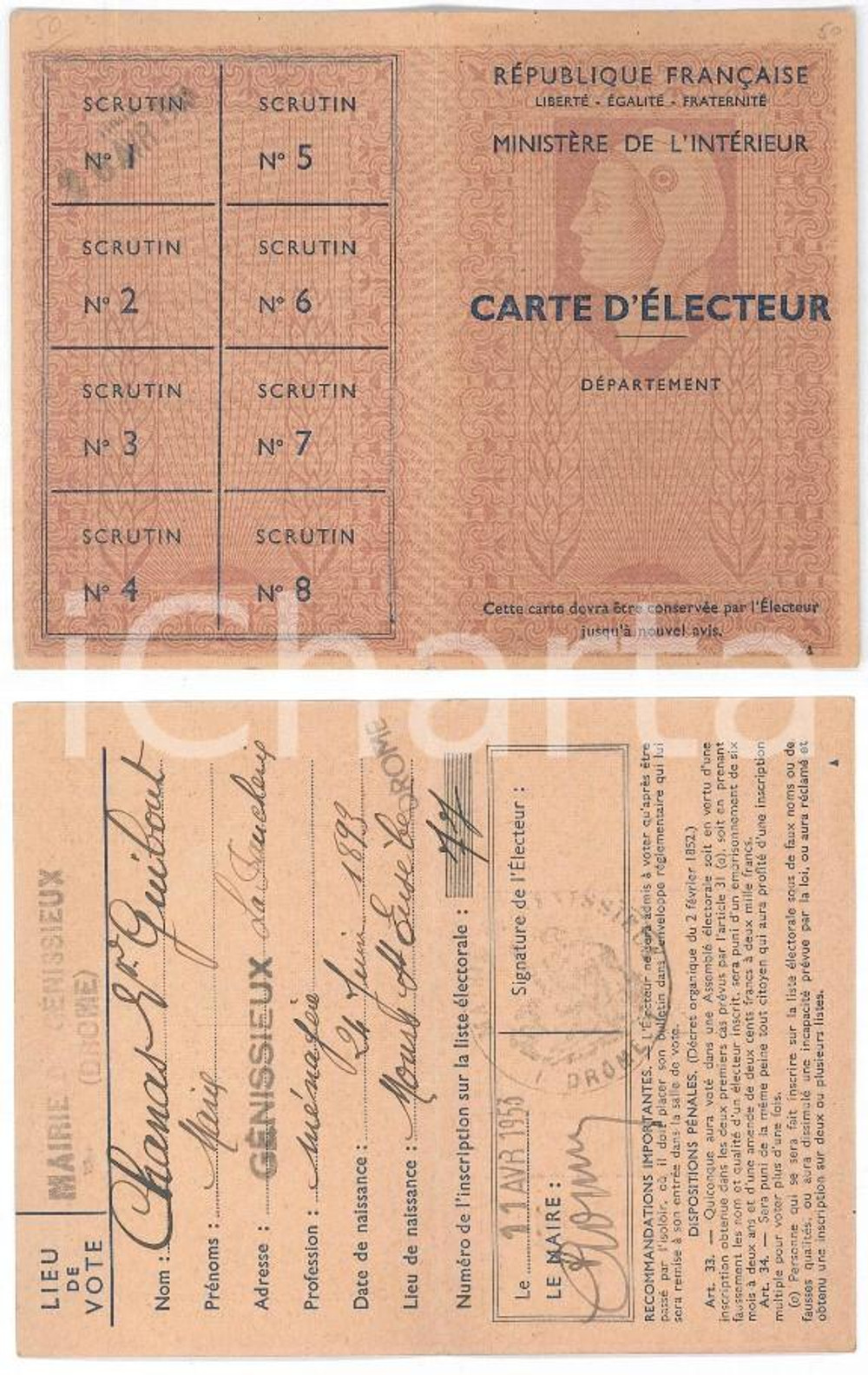 Oggetto da collezione cartaceo 1953 GENISSIEUX DROME  FRANCE Carte d Ã©lecteur 1