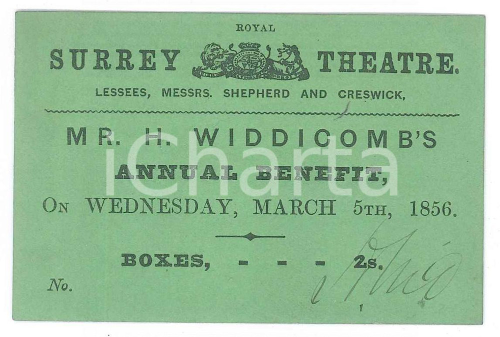 Oggetto da collezione cartaceo 1856 LONDON Royal Surrey Theatre  Mr. H. WIDDICOMB S Annual benefit Card 1
