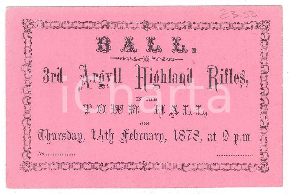 Oggetto da collezione cartaceo 1878 SCOTLAND Ball 3rd Argyll Highland Rifles in the Town Hall  Card 1