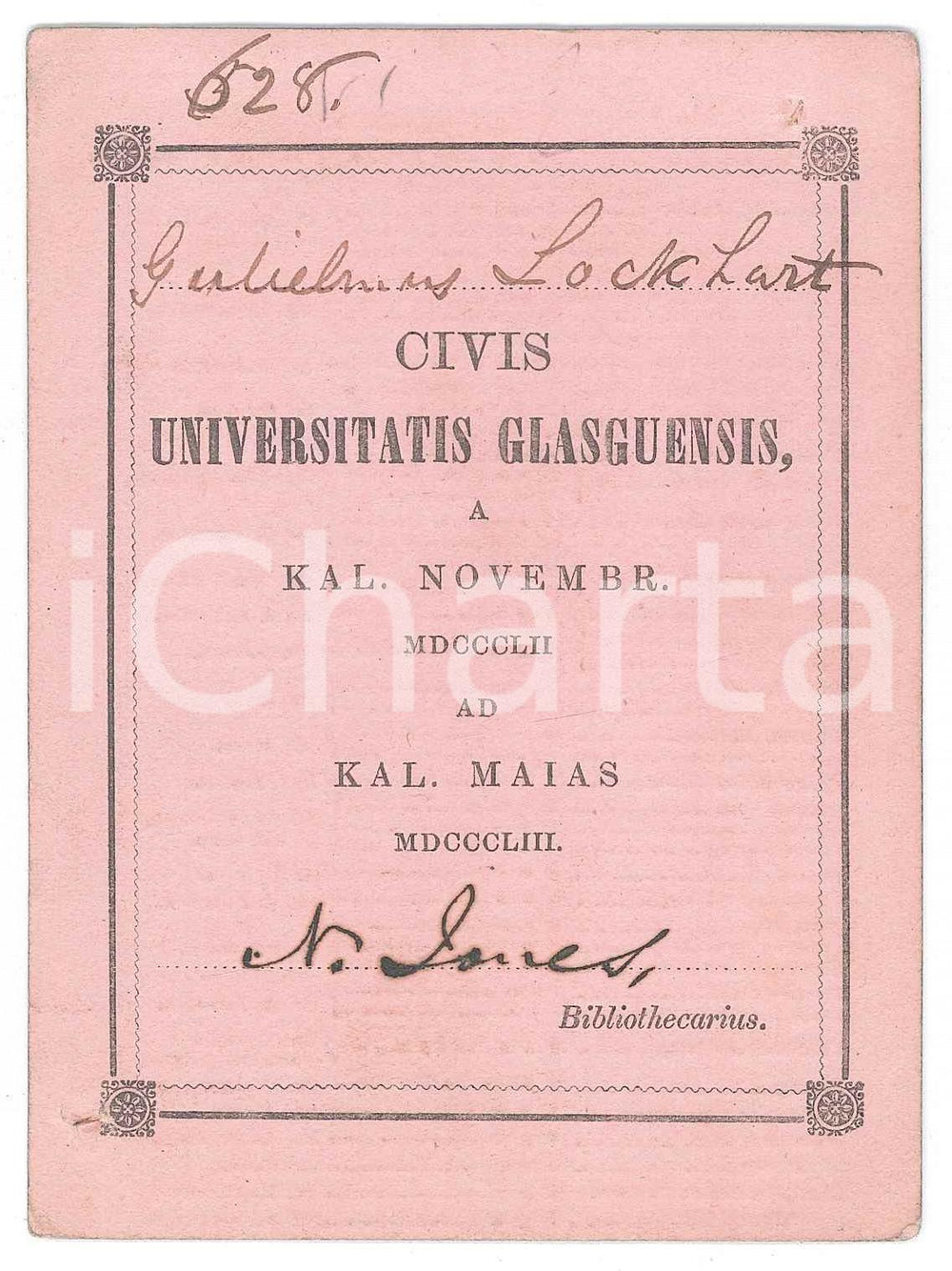 Oggetto da collezione cartaceo 1853 SCOTLAND  University of GLASGOW  Tessera William LOCKHART 1