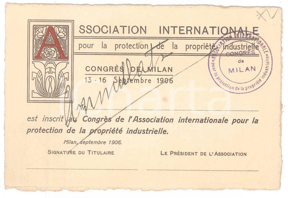 Oggetto da collezione cartaceo 1906 Association Protection PropriÃ©tÃ© industrielle  CongrÃ¨s MILAN  Tessera 1