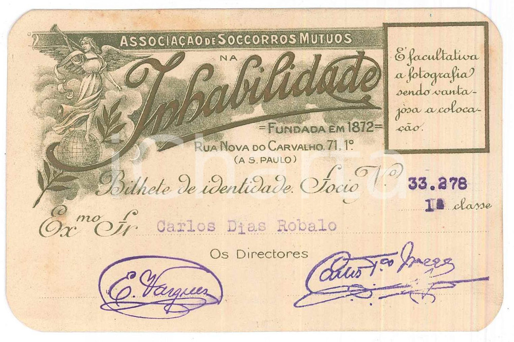 1928 S. PAULO BRAZIL Associaçao Soccorros Mutuos na Inhabilidade - Bilhete socio
