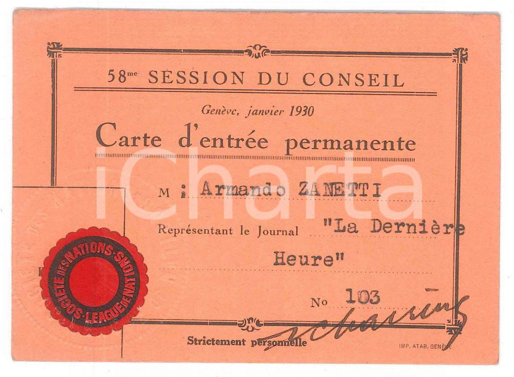 Oggetto da collezione cartaceo 1930 GENEVE 58Ã¨me Session du Conseil  Carte d entrÃ©e permanente 1