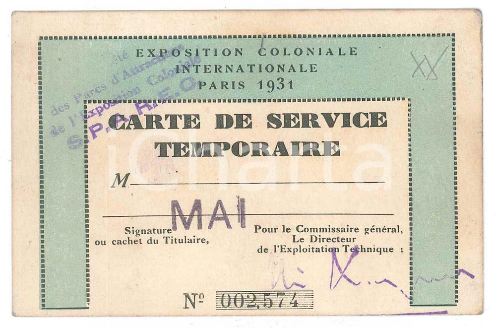 Oggetto da collezione cartaceo 1931 PARIS Exposition Coloniale Internationale  Carte de service temporaire 1