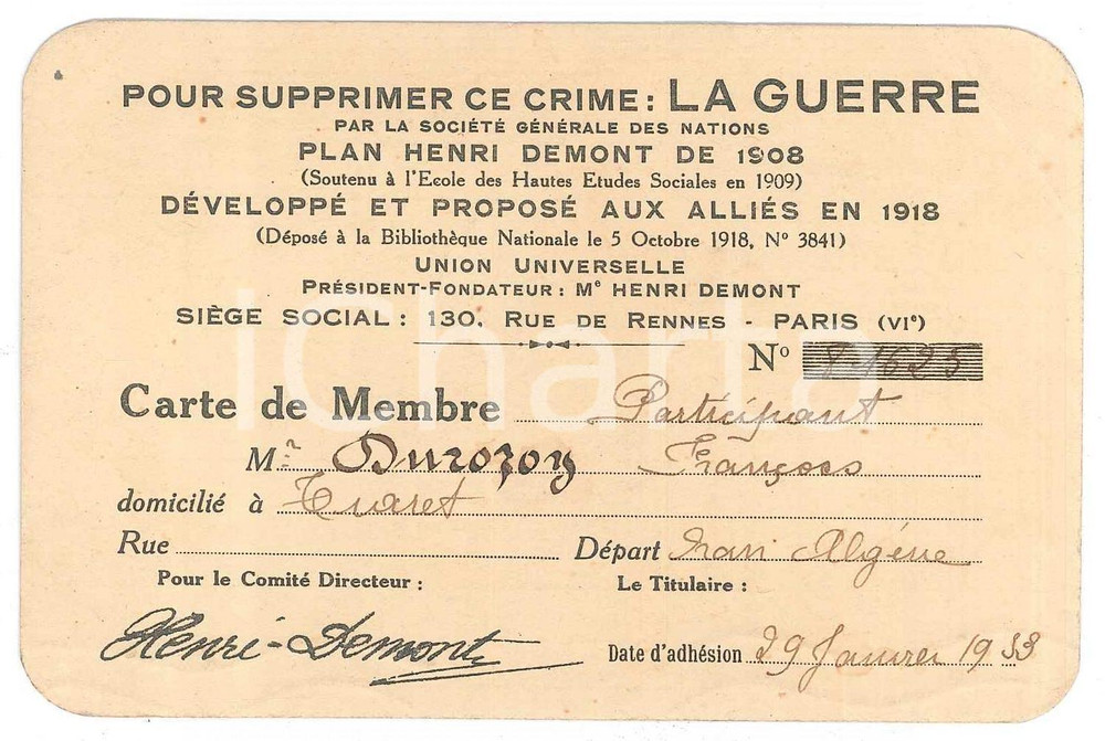 Oggetto da collezione cartaceo 1933 PARIS SociÃ©tÃ© des Nations  Carte de membre 1