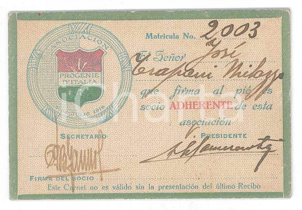 Oggetto da collezione cartaceo 1920 ca ARGENTINA Asociacion PROGENIE D ITALIA  Tessera socio 1