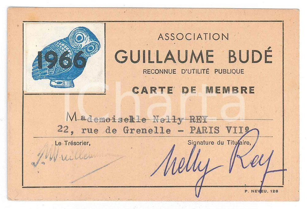 Oggetto da collezione cartaceo 1966 PARIS Association GUILLAUME BUDE   Carte de membre 1