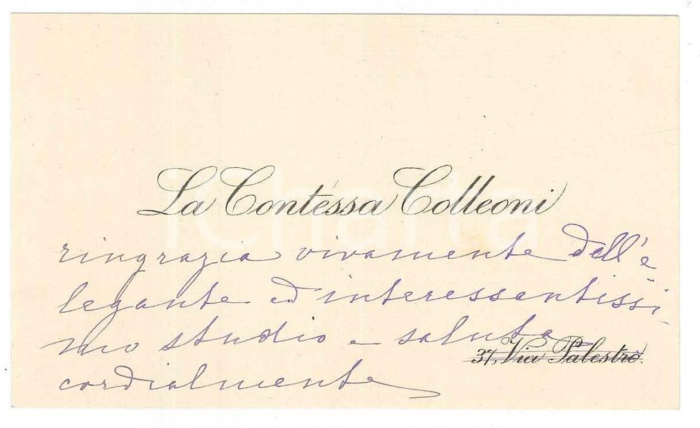 Autografo originale 1910 ca MILANO  Contessa COLLEONI  Biglietto ringraziamento AUTOGRAFO 1