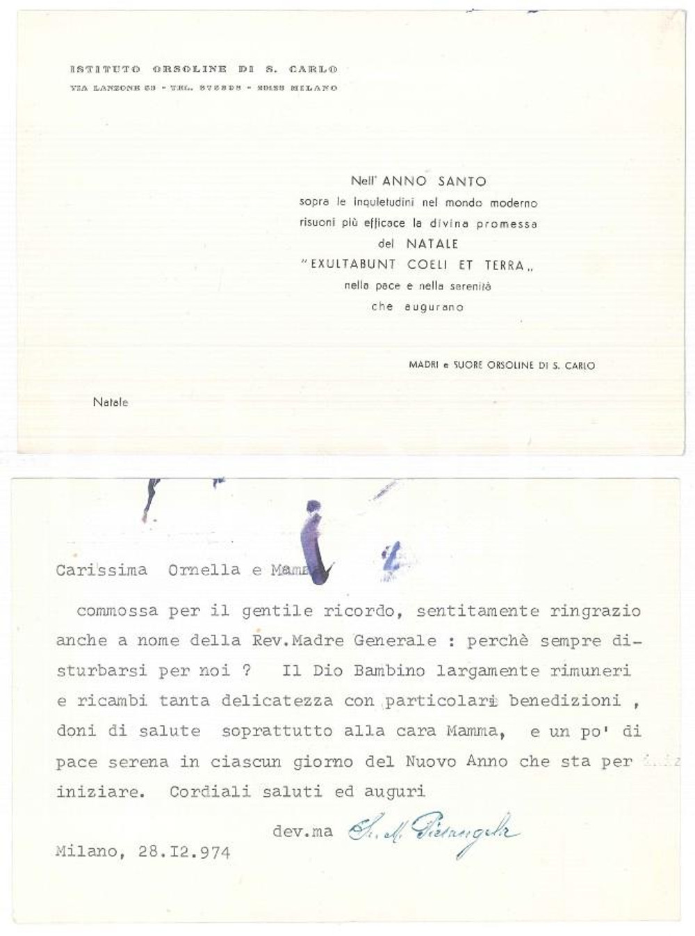 Oggetto da collezione cartaceo 1974 MILANO Istituto Orsoline S. CARLO  Auguri suor M. PIERANGELA Biglietto 1