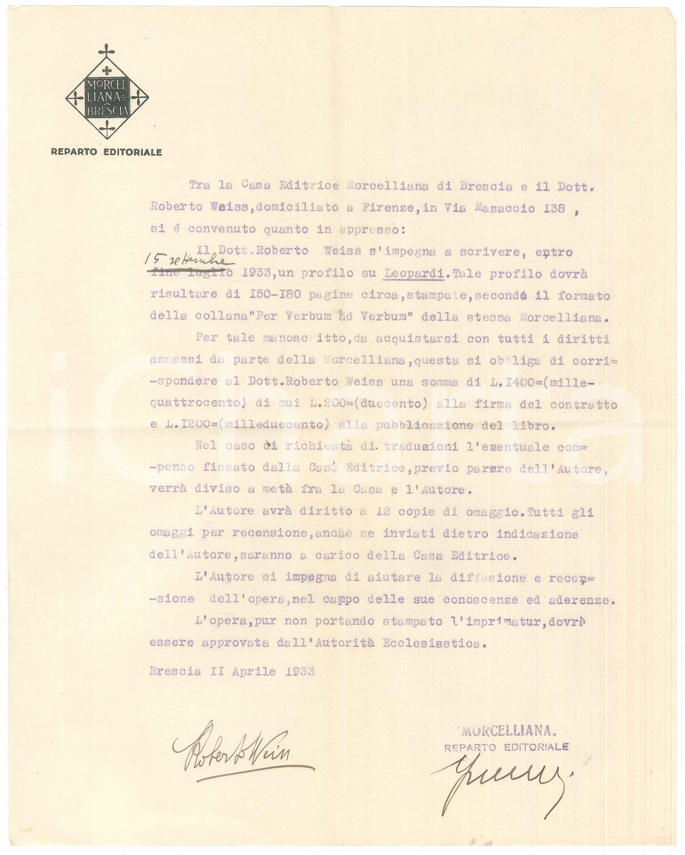 Documento originale, autentico 1933 BRESCIA  MORCELLIANA Contratto A Roberto WEISS per scritto su LEOPARDI 1