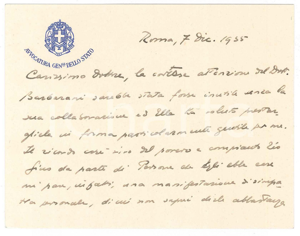 Autografo originale 1955 ROMA Avvocatura Generale dello Stato  Aldo DEDIN  Biglietto AUTOGRAFO 1