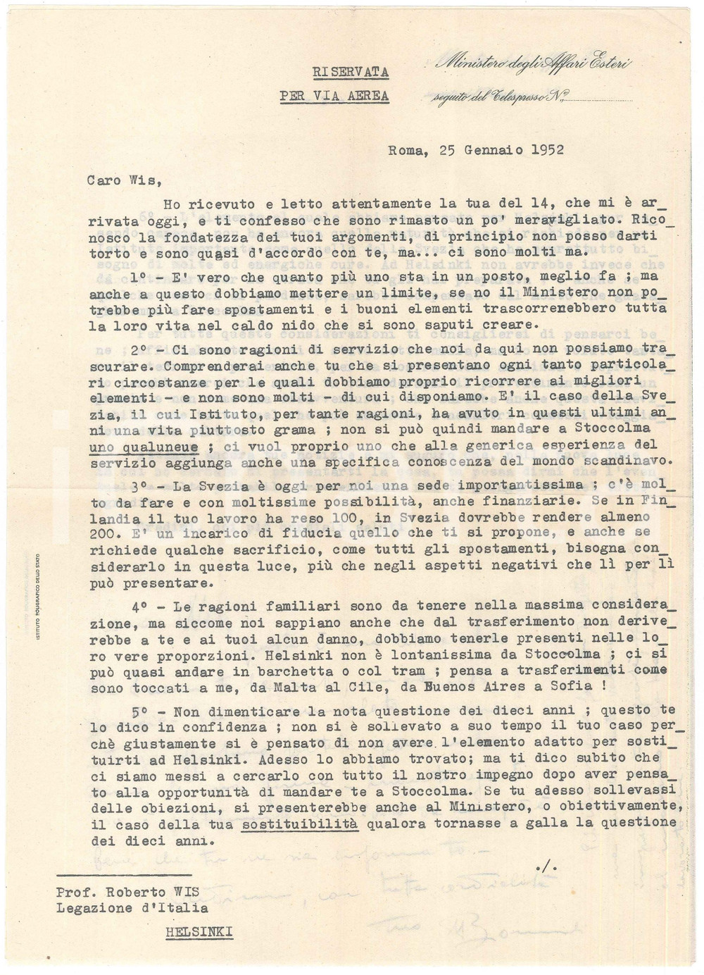 Manoscritto, lettera originale 1952 ROMA MINISTERO AFFARI ESTERI Lettera a Roberto WIS per trasferimento 1