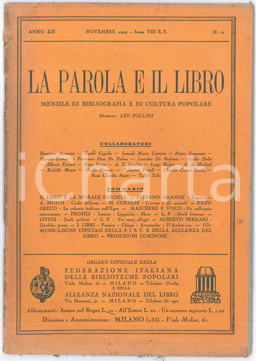 Giornale, rivista storica 1929 MILANO  LA PAROLA E IL LIBRO Colonie italiane nell EGEO di Enzo GRECO 1