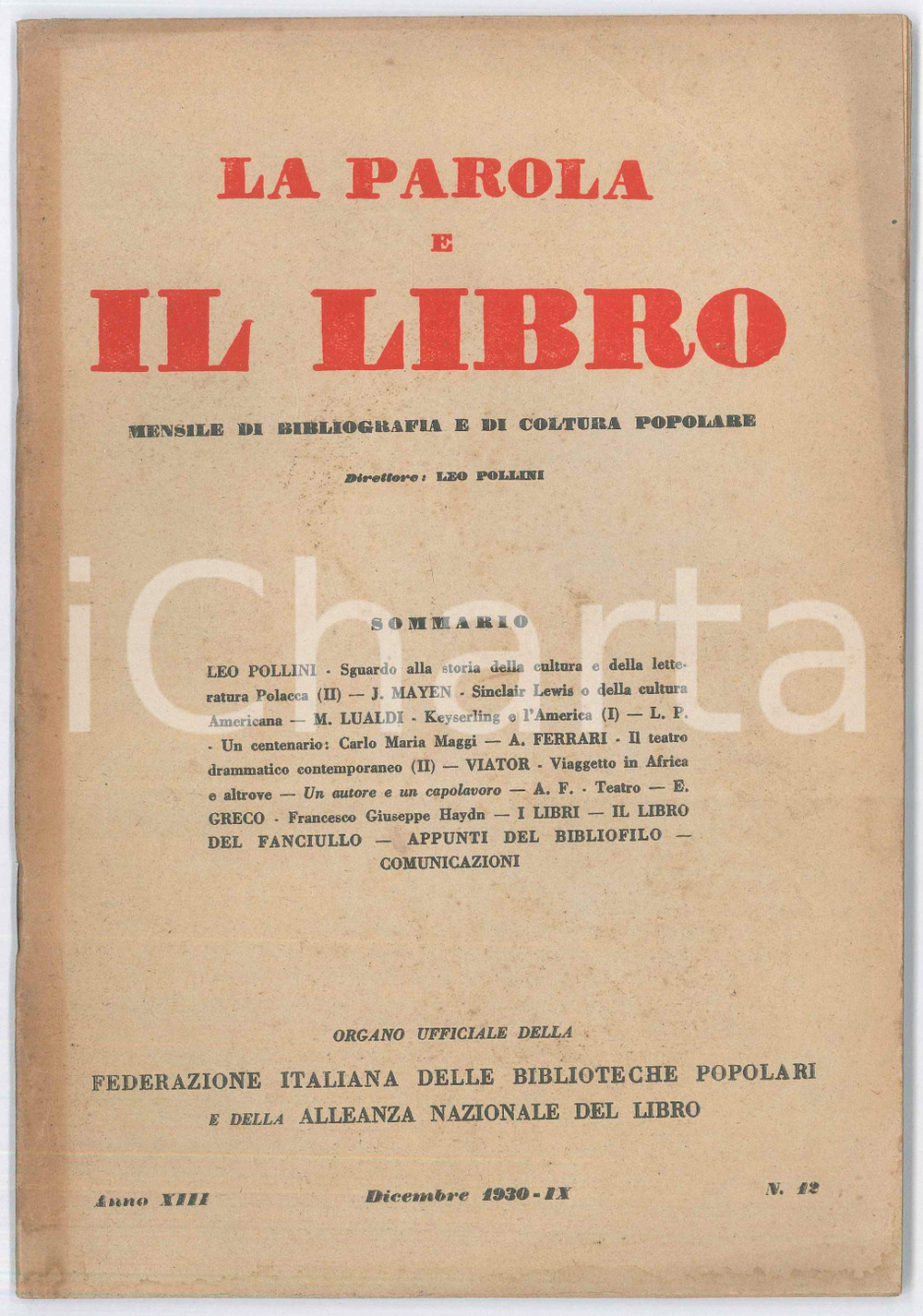 Giornale, rivista storica 1930 MILANO  LA PAROLA E IL LIBRO Centenario di Carlo Maria RAGGI  Leo POLLINI 1