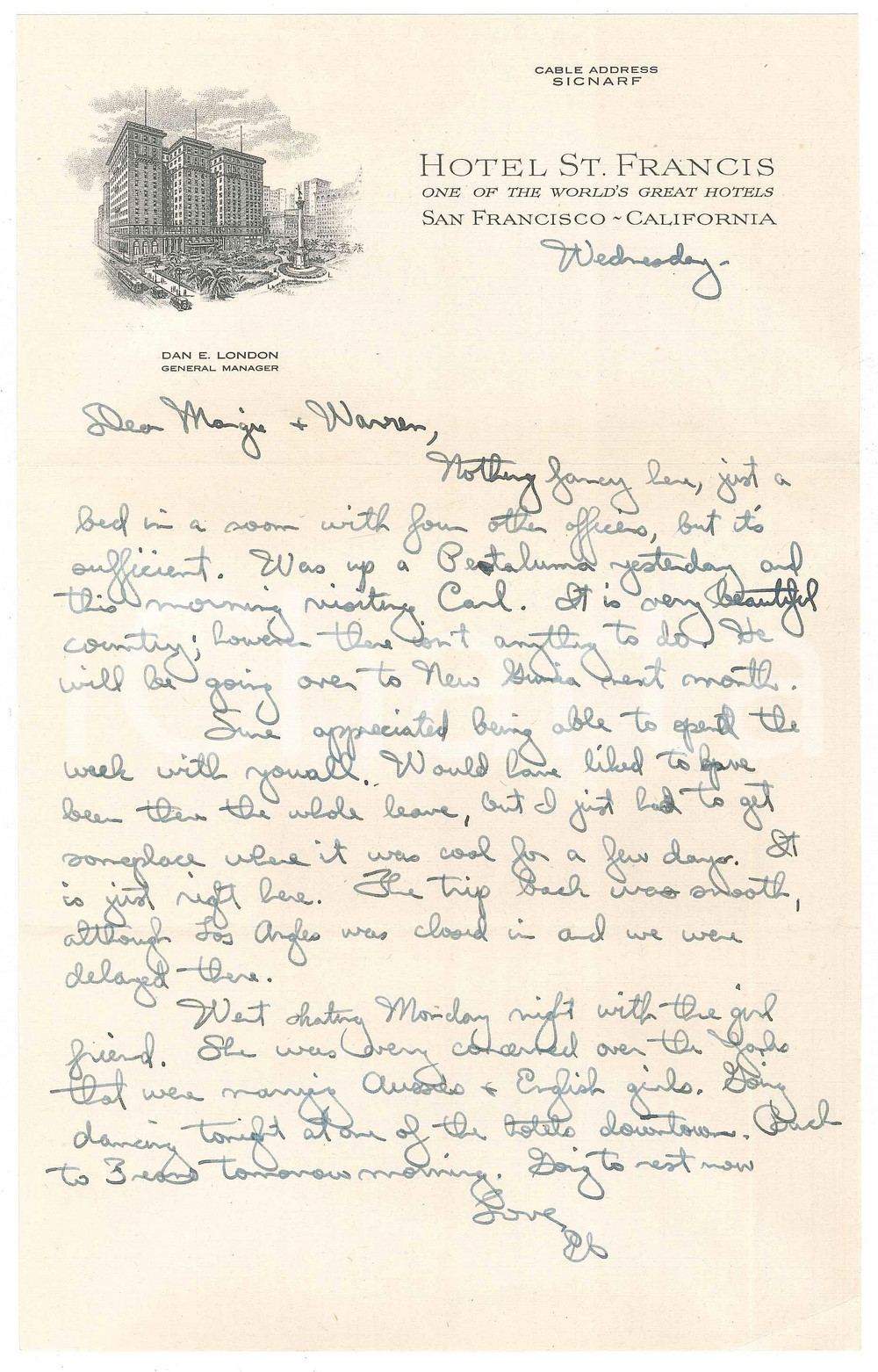 Manoscritto, lettera originale 1930 ca SAN FRANCISCO CA Hotel ST. FRANCIS  Lettera Carta intestata 1