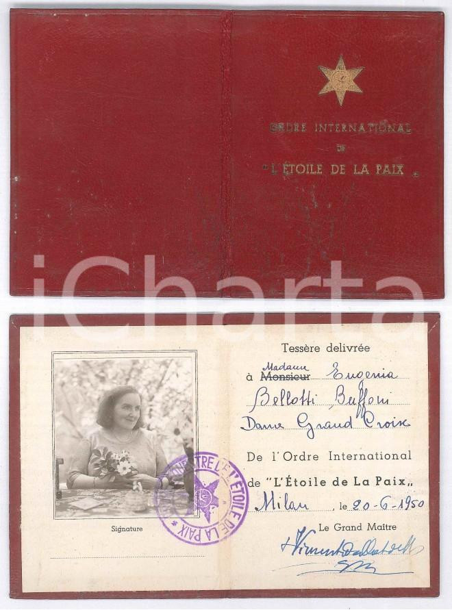 Oggetto da collezione cartaceo 1950 MILANO Ordre International ETOILE DE LA PAIX  Tessera con foto 1