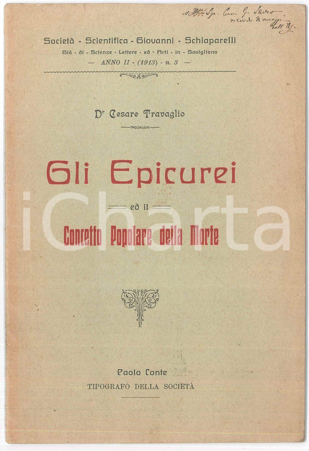 Libro, pubblicazione d epoca 1913 Cesare TRAVAGLIO Epicurei e il concetto popolare della morte Pubblicazione 1